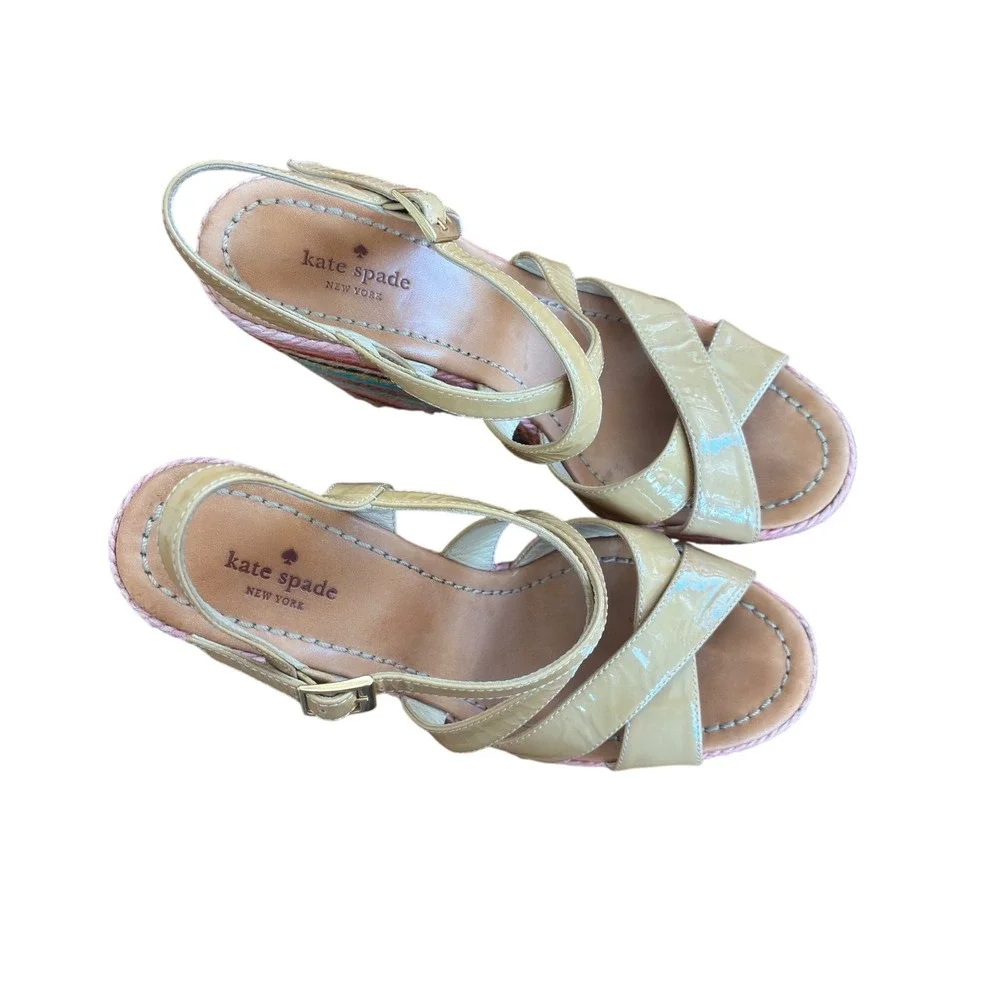 Kate Spade New York Rainbow Wedge Sandals Nude Patent Leather Ankle Strap 8.5